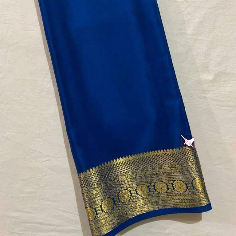 Deep Blue Solid Mysore Soft Silk Saree With Woven Zari Border Work