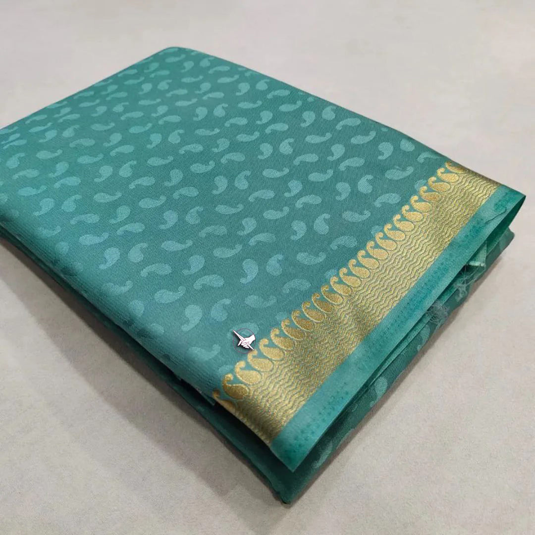 Pure Mysore Crepe Silk Blue Saree With Zari Woven Border