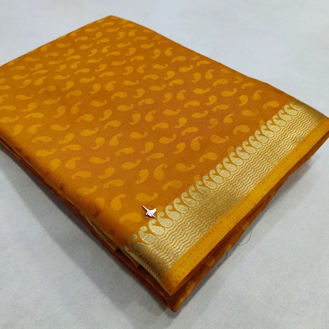 Designer Mango Yellow Mysore Plain Soft Silk Saree With Blouse And Woven Zari Border