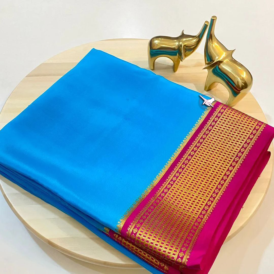 Exclusive Zari Border Blue with Pink Colour Plain Mysore Silk Saree.