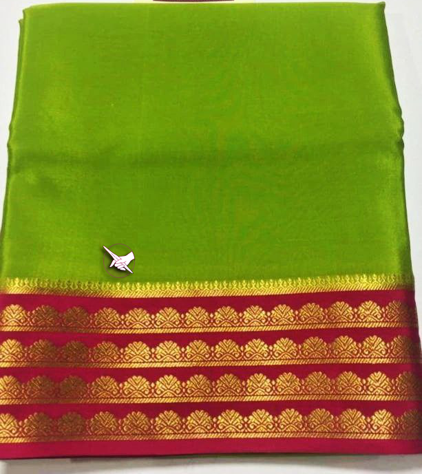 Floral Zari Border Green nd Pink Colour Plain Mysore Silk Saree.