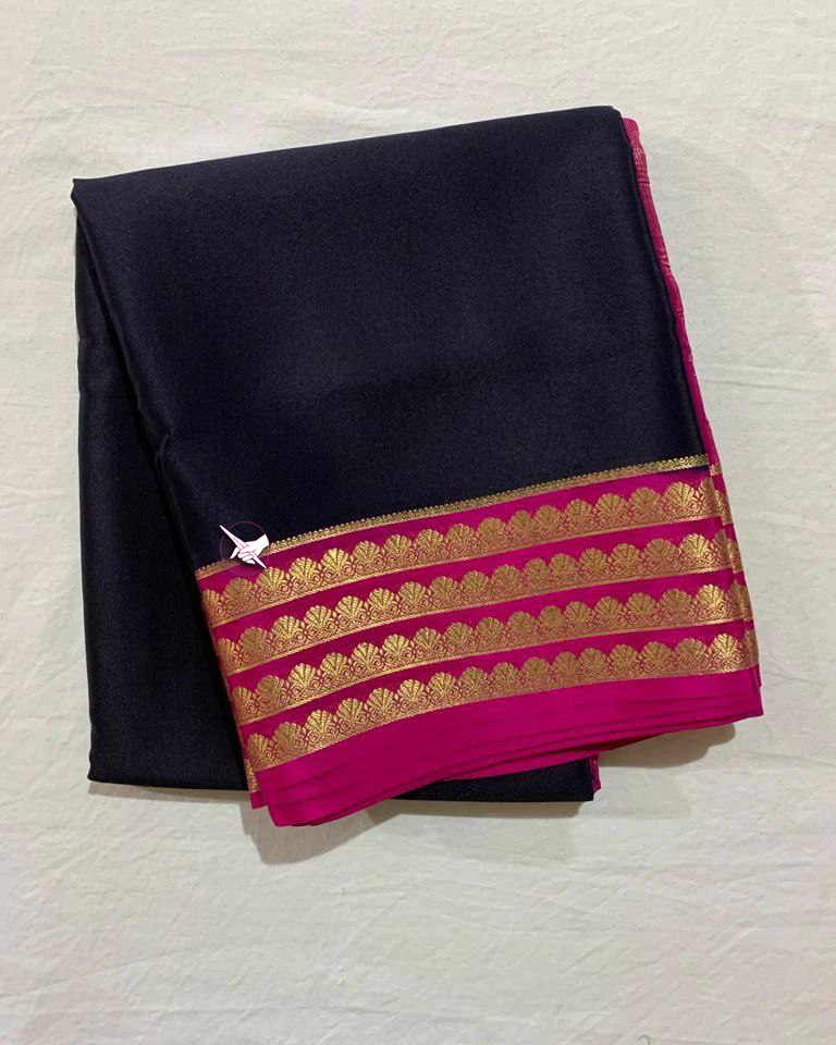 Black And Pink Mysore Silk Saree Soft Feel With Detailed Zari Border