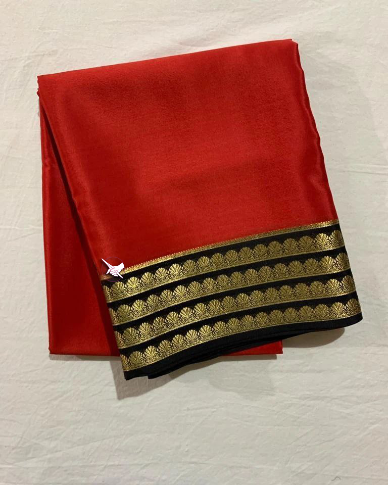 Exclusive Zari Border Red nd Black Colour Plain Mysore Silk Saree.