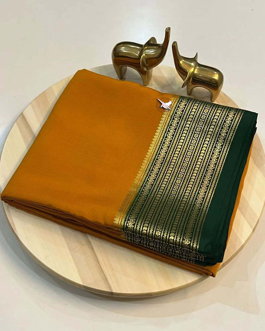 Exclusive Zari Border Lemon Red nd Green Colour Plain Mysore Silk Saree.