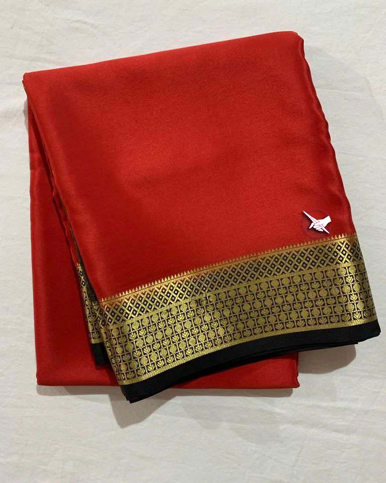 Exclusive Zari Border Red nd Black Colour Plain Mysore Silk Saree.