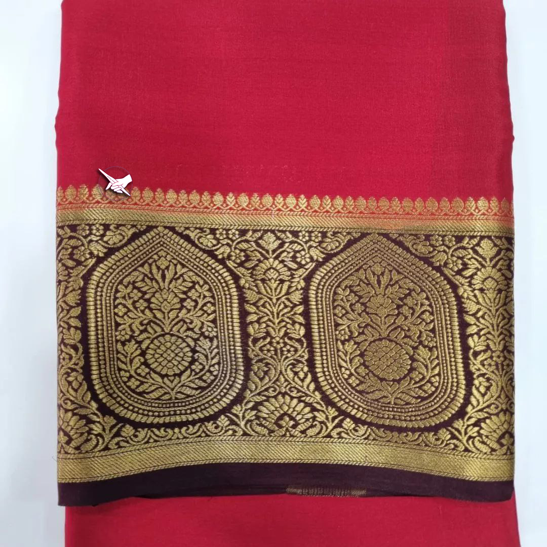 Authentic Pink And Brown Mysore Silk Saree With Glimmering Zari Border And Blouse Piece