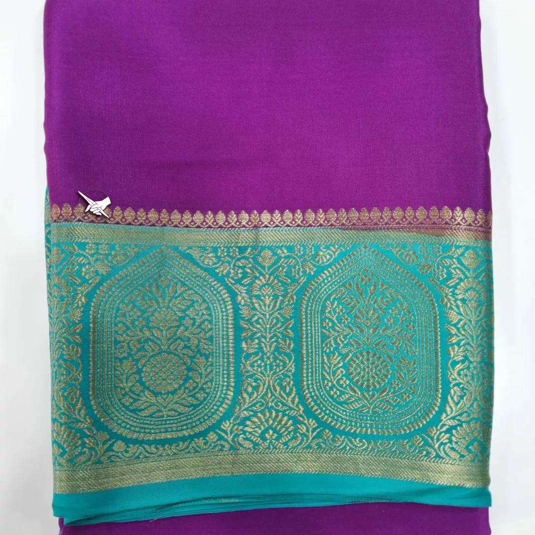Stunning Purple And Blue Zari Border Saree In Mysore Silk With Blouse Fabric Included
