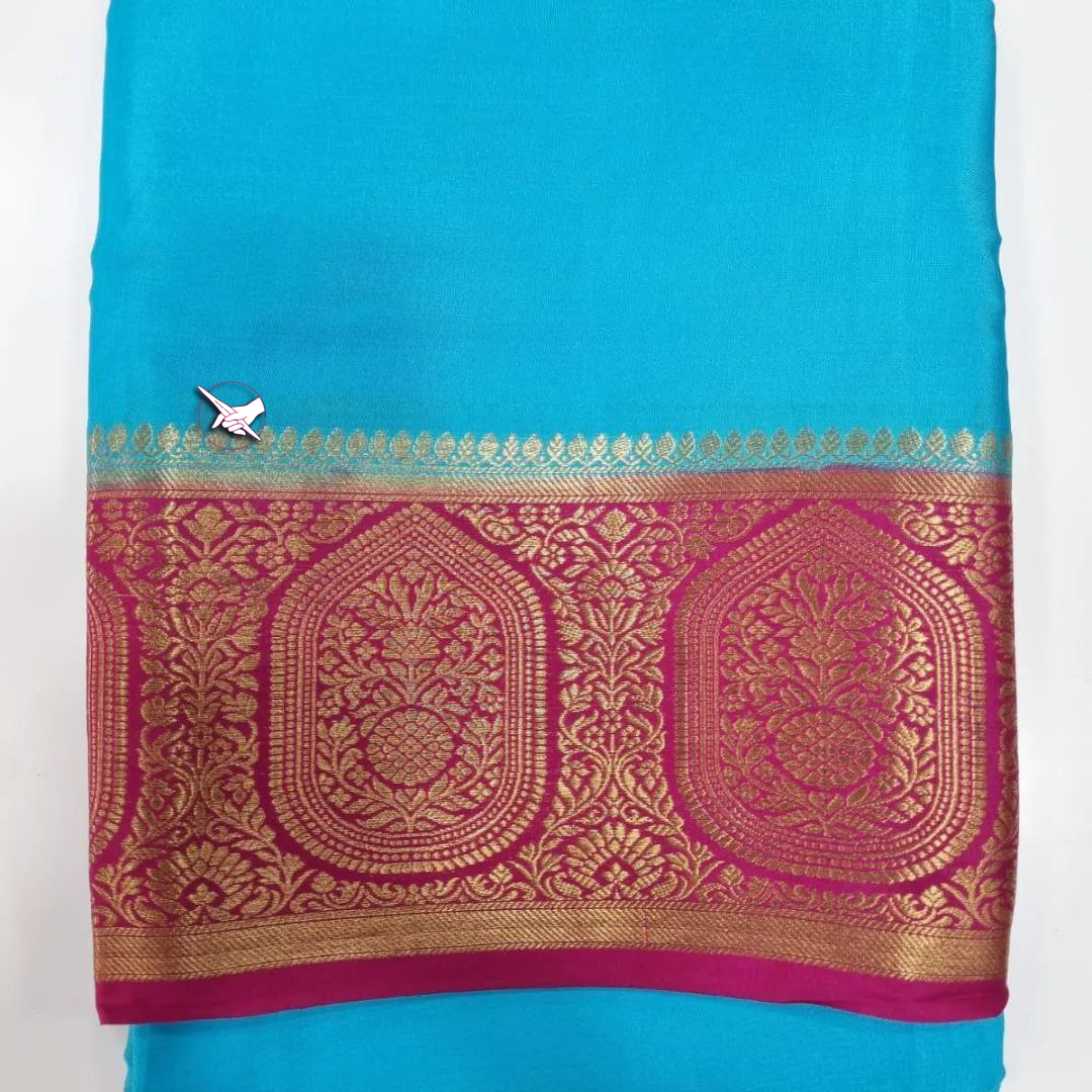 Elegant Plain Blue And Pink Soft Silk Mysore Saree With Contrast Zari And Blouse