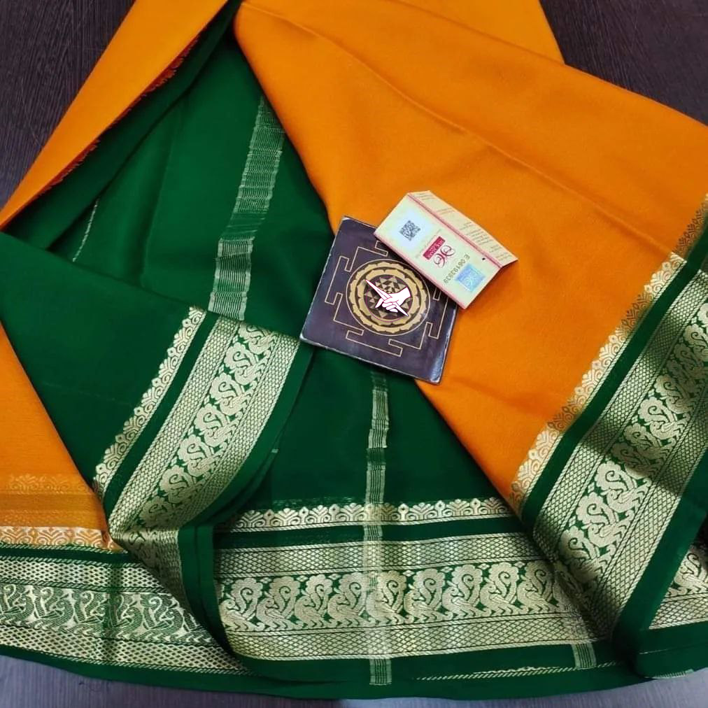 Exclusive Zari Border Orange With Green Colour Plain Mysore Silk Saree.