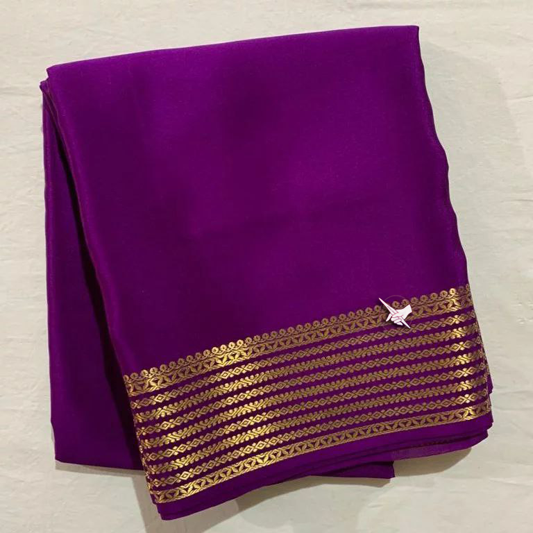 Elegant Drape Mysore Soft Silk Purple Plain Saree With Zari Border And Blouse Piece