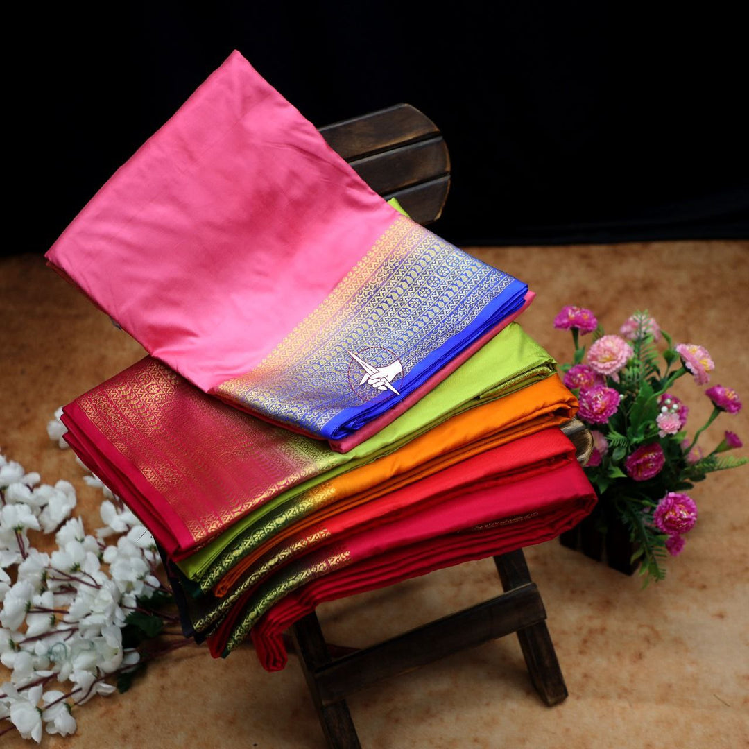 Soft Mysore Silk Pink Saree With Rich Zari Border And Blouse Piece Included
