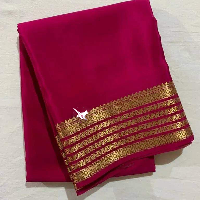Chic Pink Mysore Plain Soft Silk Saree With Zari Border And Blouse Material