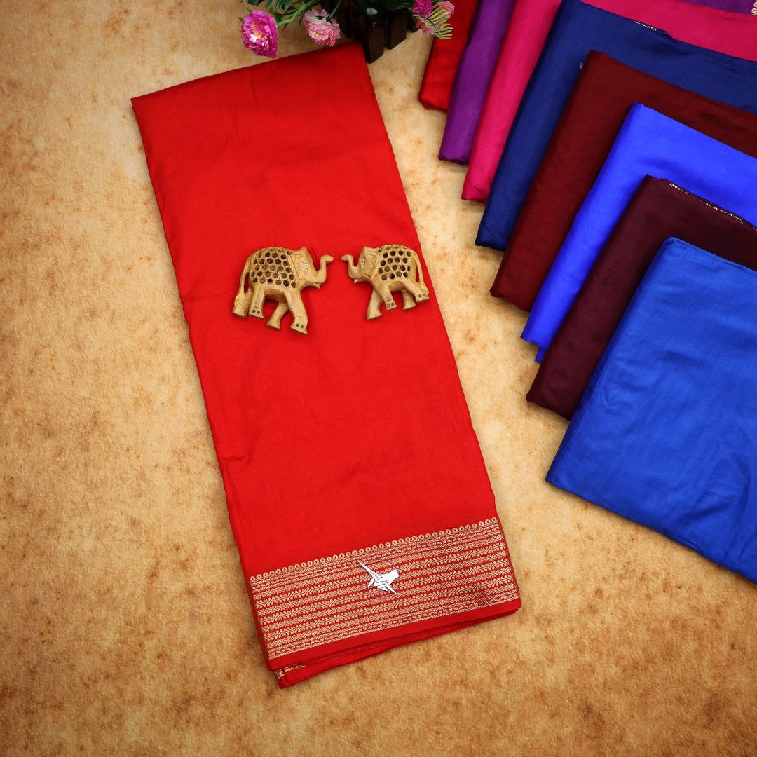 Daily Elegance Red Mysore Pure Silk Saree Light Zari Border And Plain Weave Body