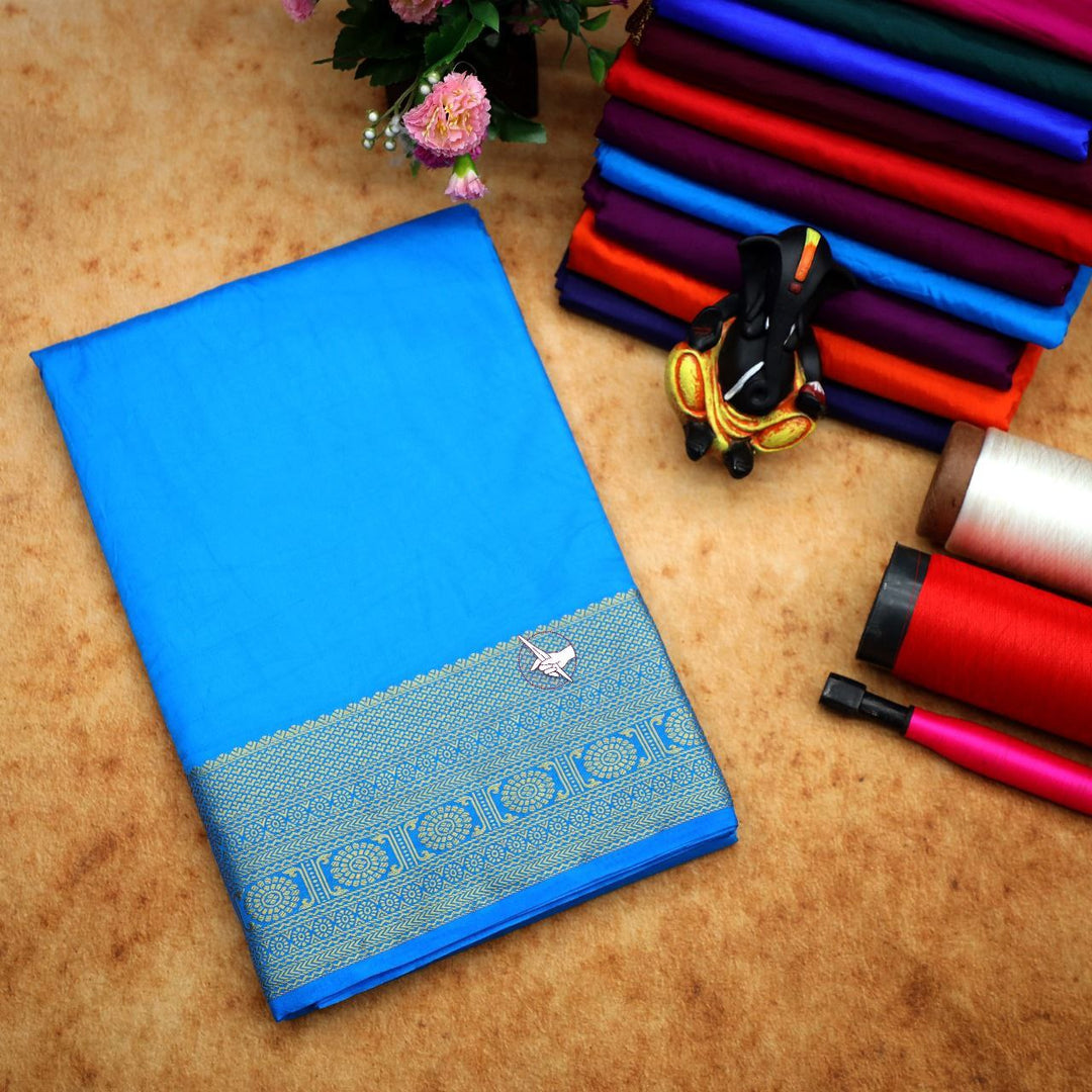Authentic Sky Blue Mysore Pure Silk Saree With Subtle Zari Woven Edges