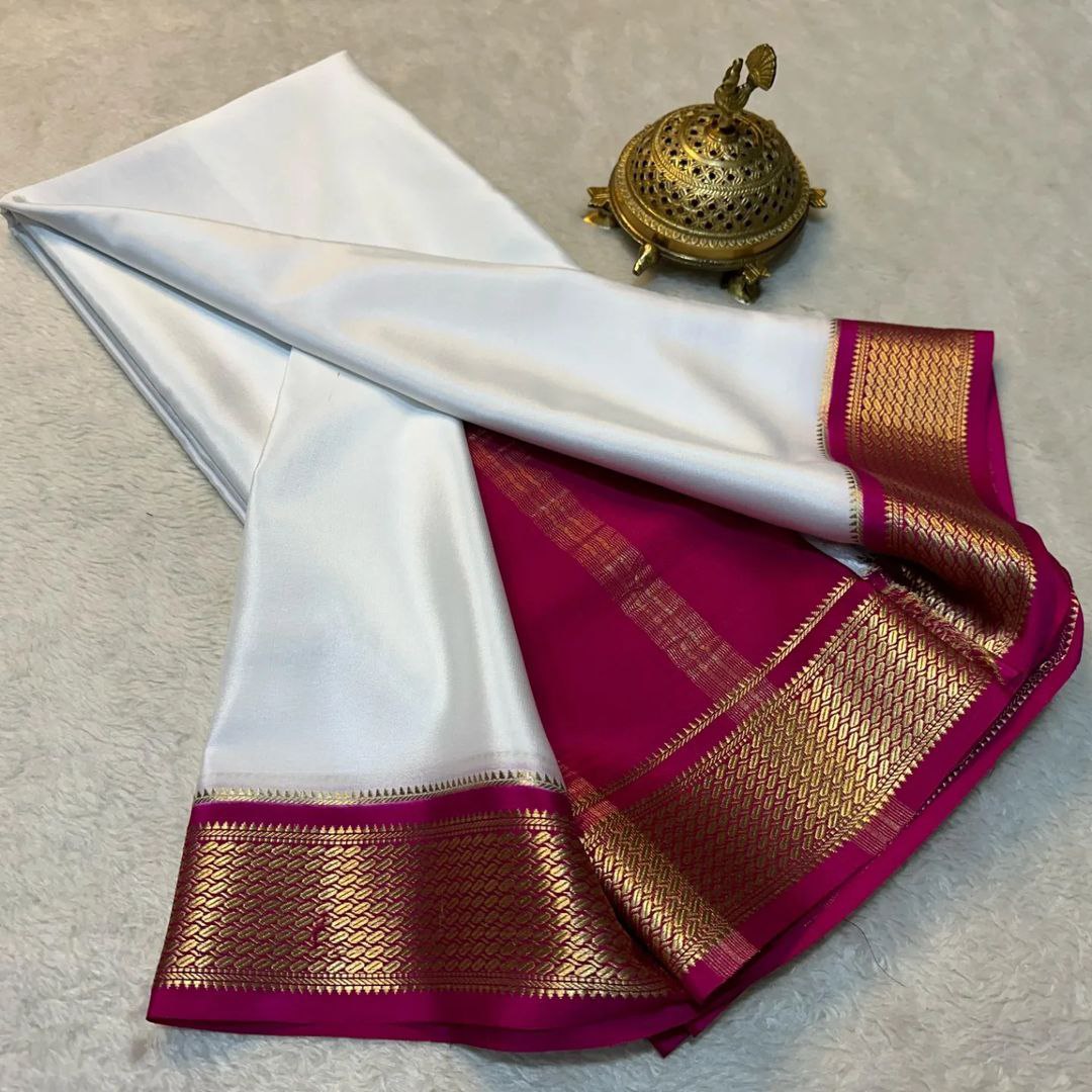 Floral Zari Border White with Pink Colour Plain Mysore Silk Saree.