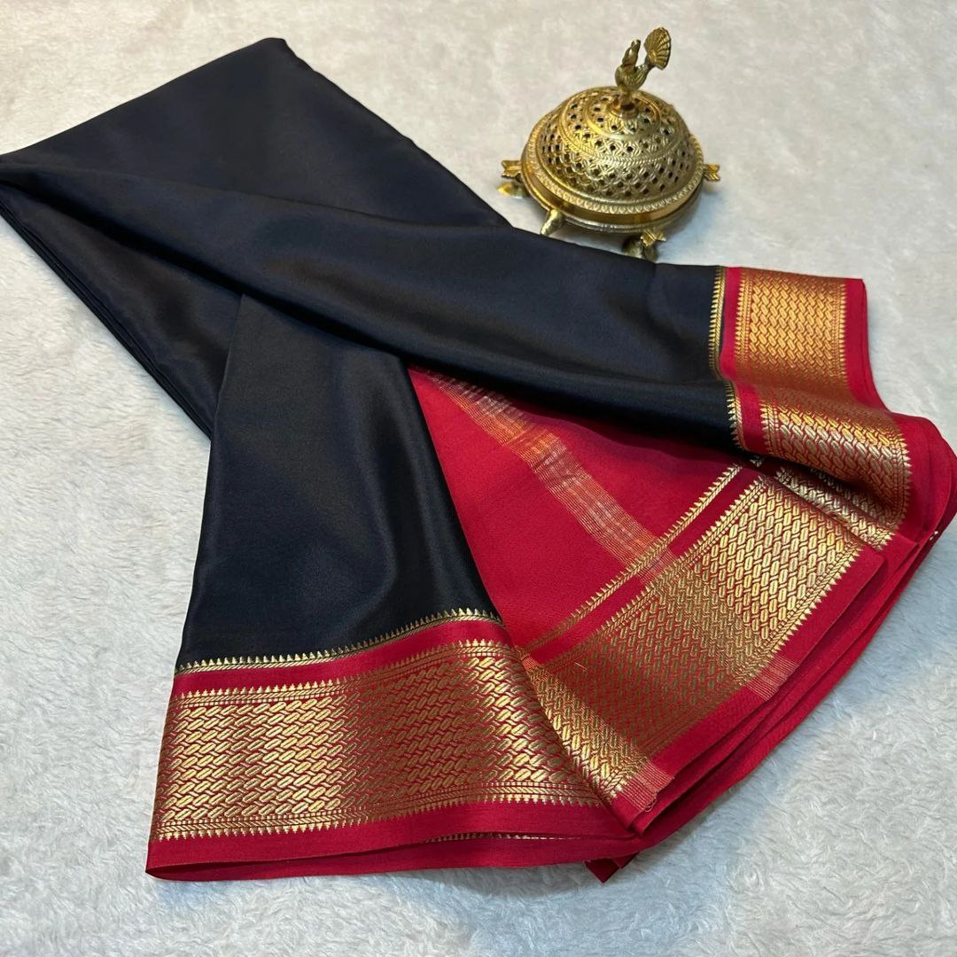 Floral Zari Border Black with Pink Colour Plain Mysore Silk Saree.