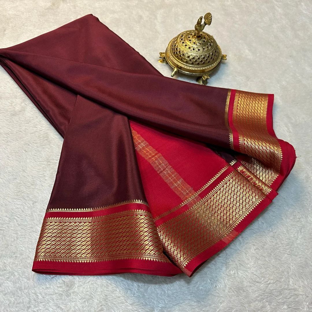 Sophisticated Brown And Red Mysore Soft Silk Saree With Subtle Zari Touch