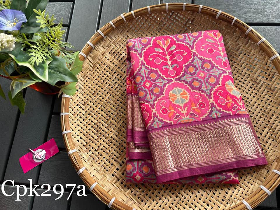 Tusser soft silk sarees with allover patola digital printed with zari border