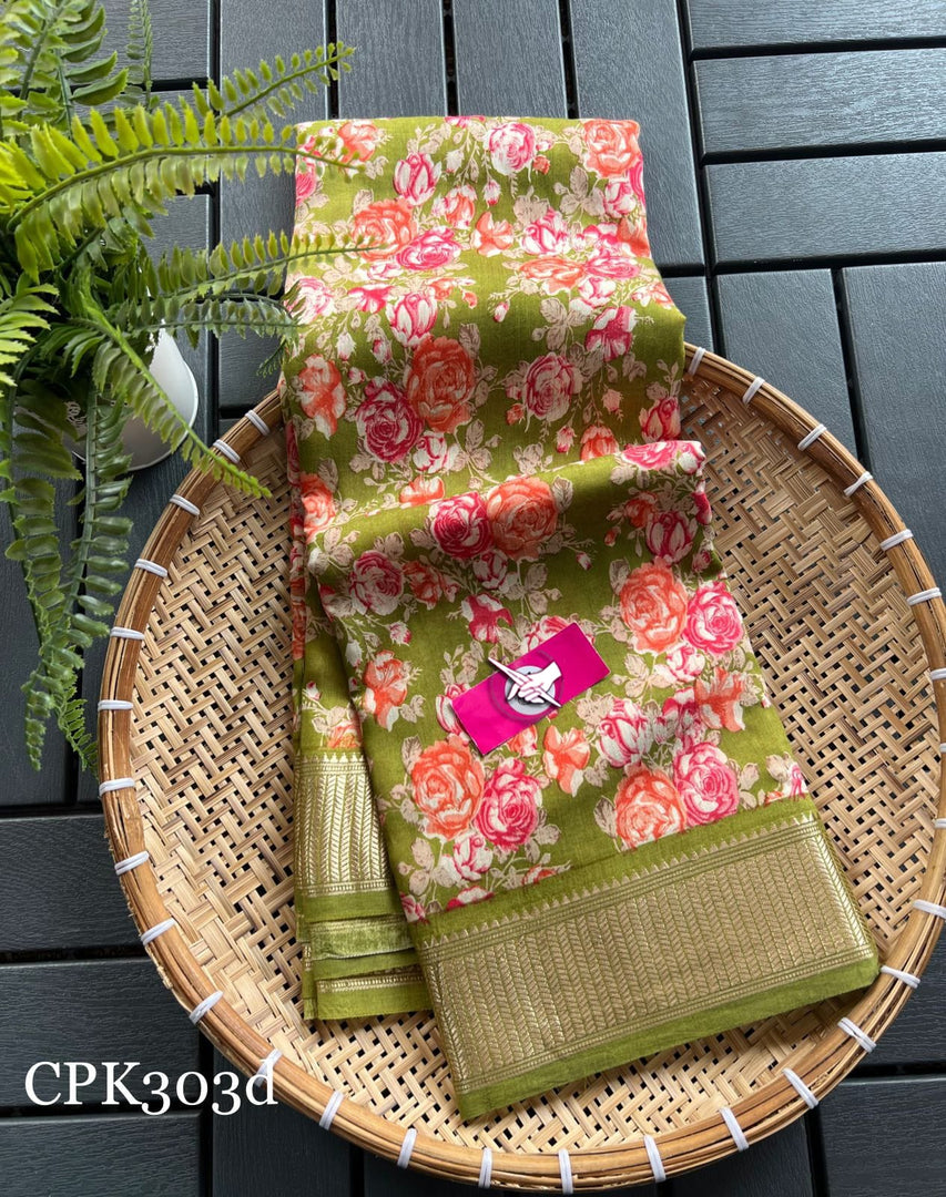 Tusser soft silk sarees with allover floral digital printed with zari border