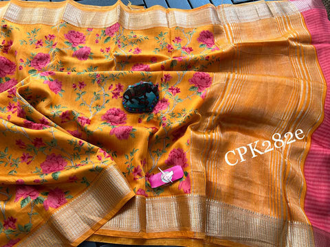 Orange Assam Pattu Casual Saree Digital Printed Soft Silk With Woven Border