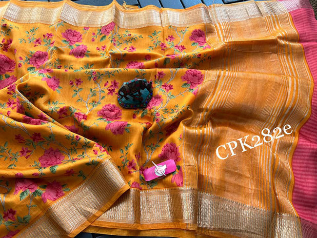 Orange Assam Pattu Casual Saree Digital Printed Soft Silk With Woven Border