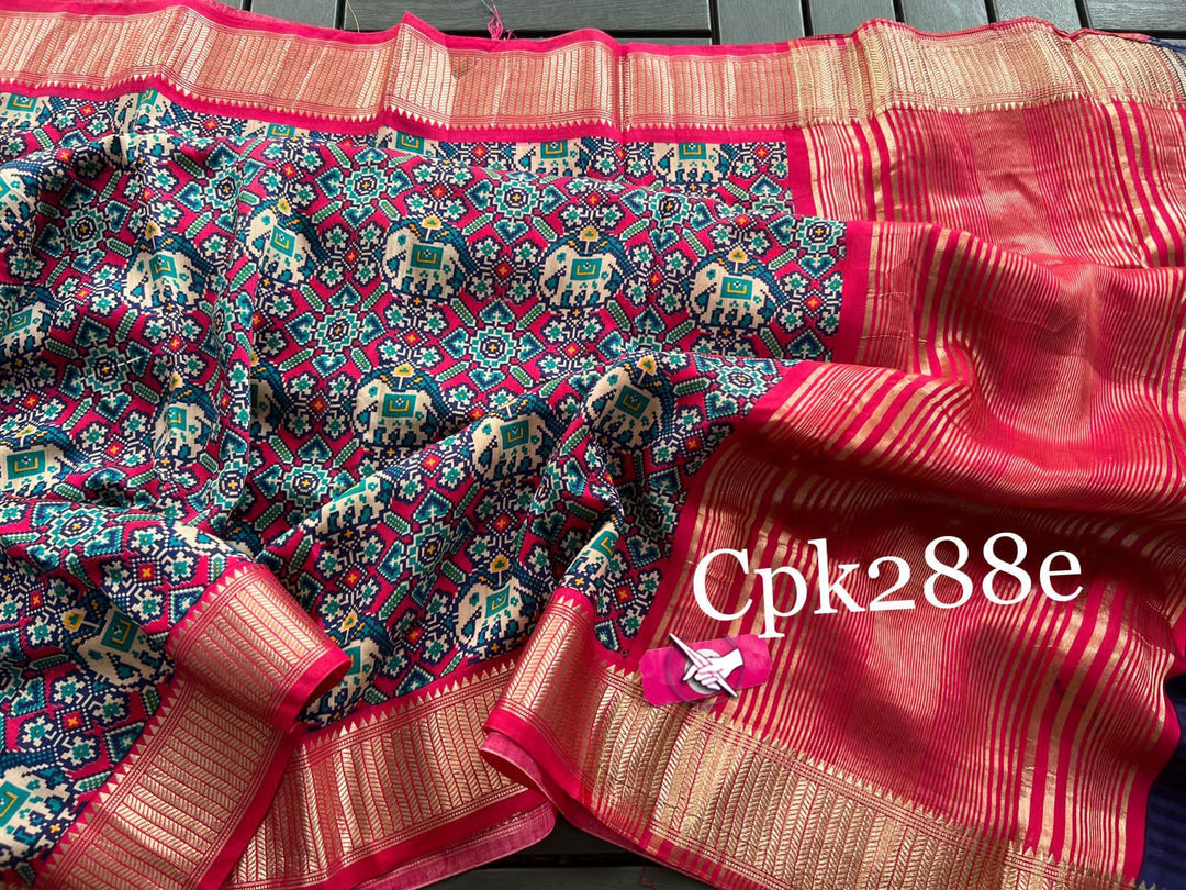 Tusser soft silk sarees with allover patola digital printed with zari border