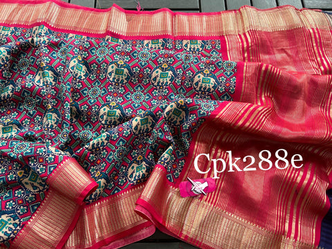 Tusser soft silk sarees with allover patola digital printed with zari border