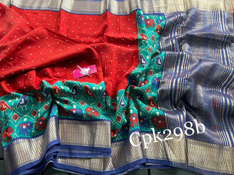 Wedding Wear Red Tussar Silk Saree Handloom Style Zari Border And Digital Embellishment