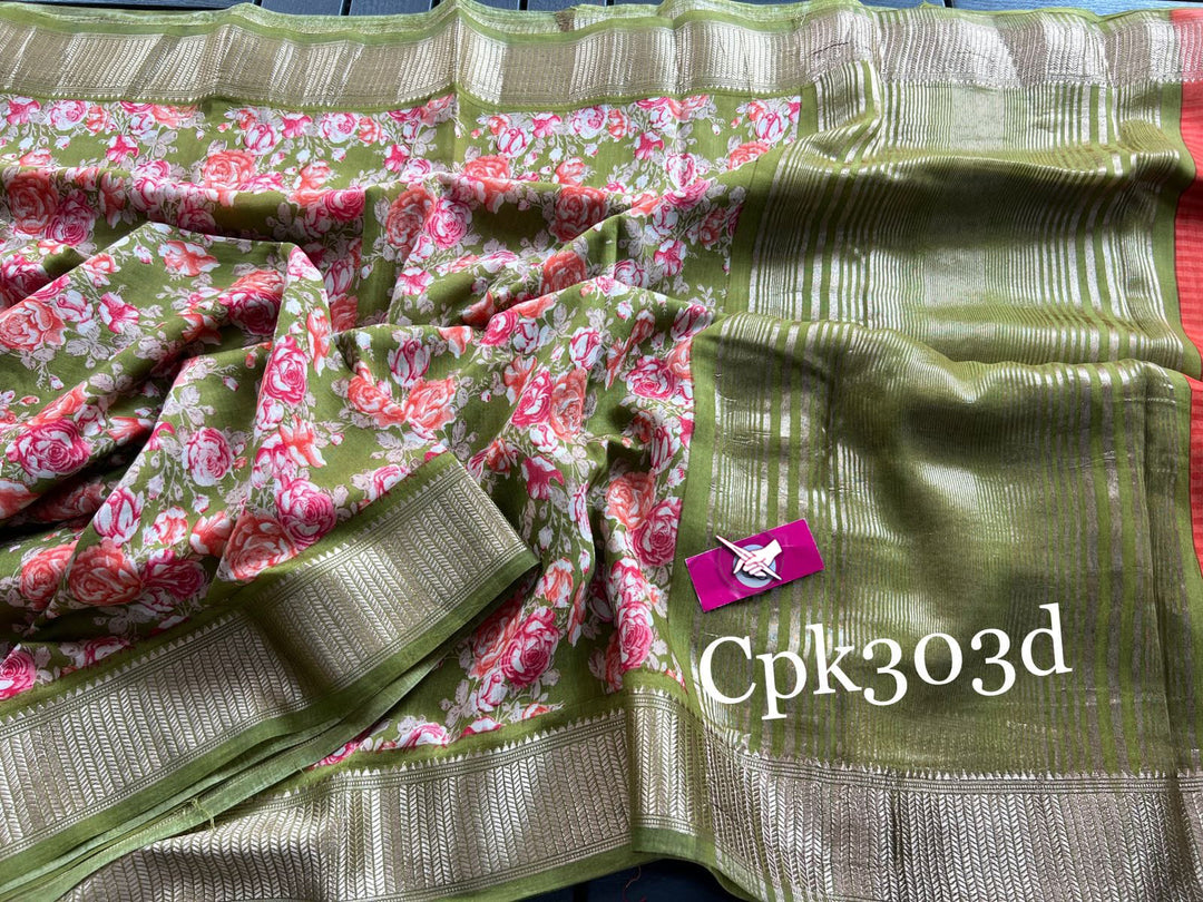 Tusser soft silk sarees with allover floral digital printed with zari border