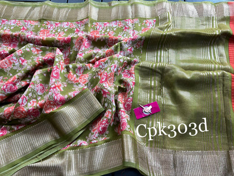 Tusser soft silk sarees with allover floral digital printed with zari border