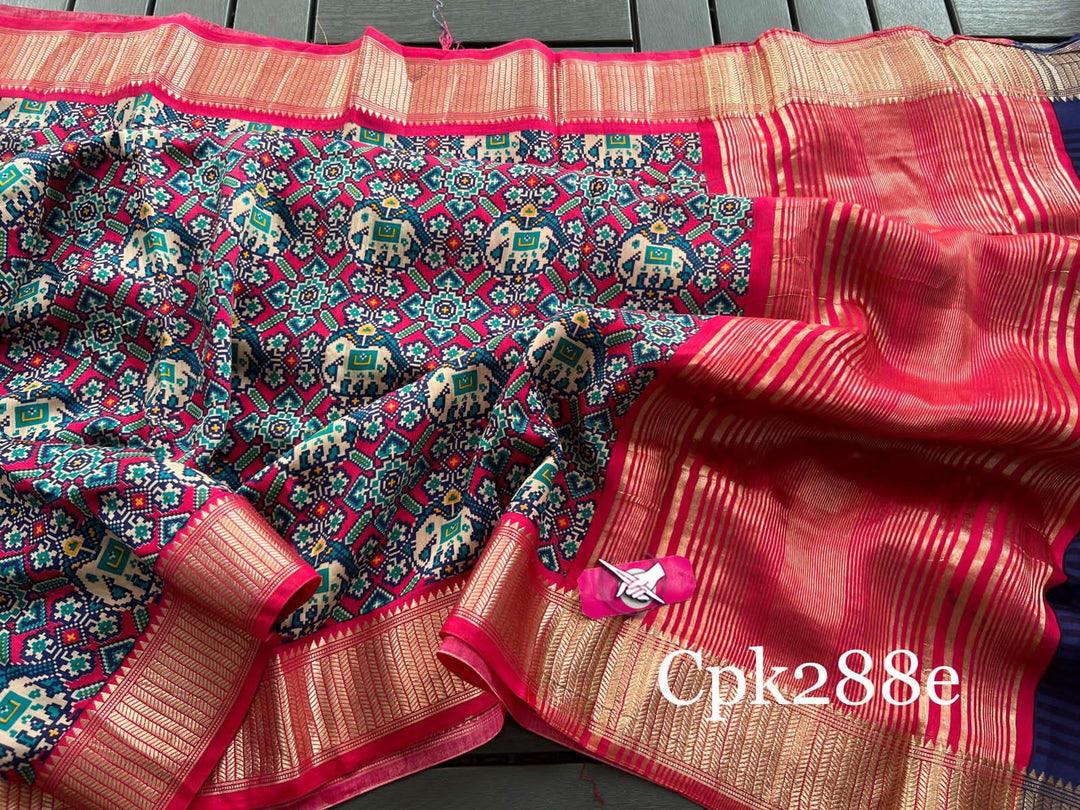 Tusser soft silk sarees with allover patola digital printed with zari border