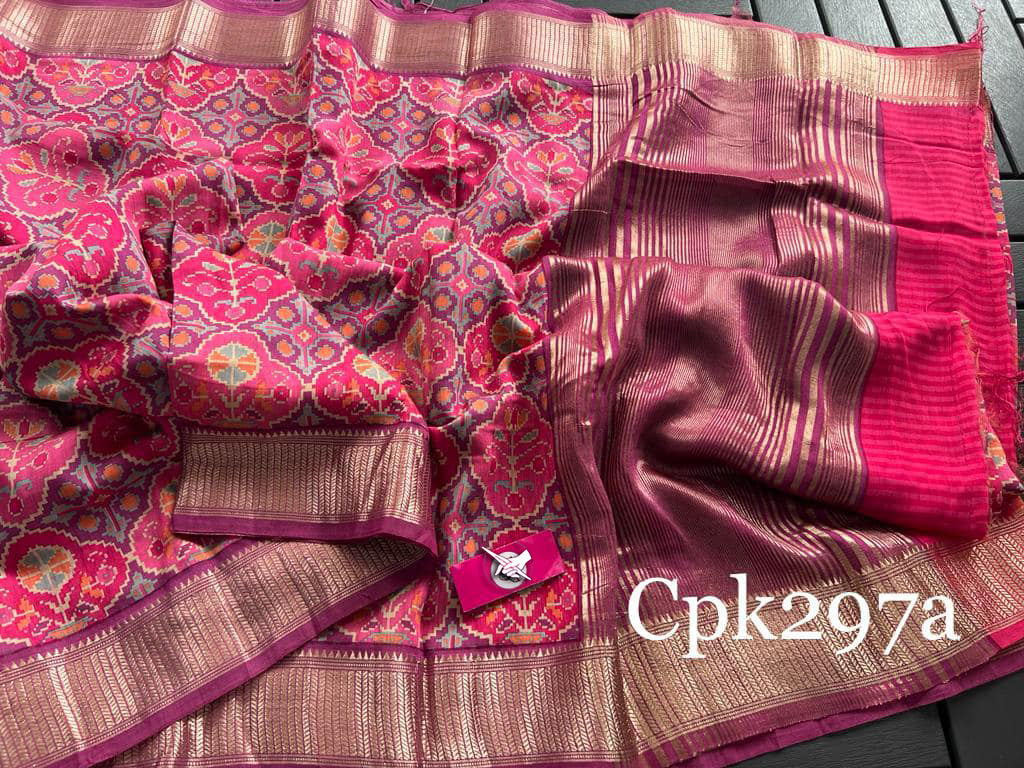 Tusser soft silk sarees with allover patola digital printed with zari border