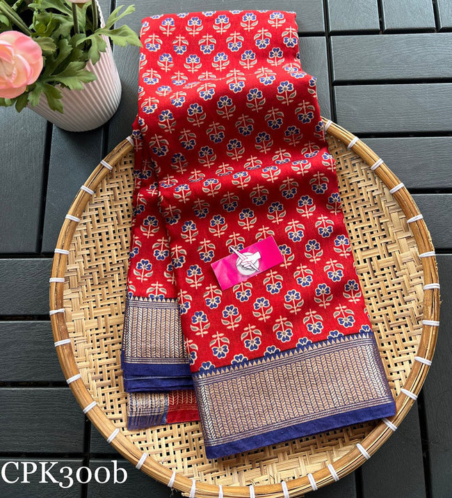 Digital Print Red Tussar Silk Saree Traditional Indian Style