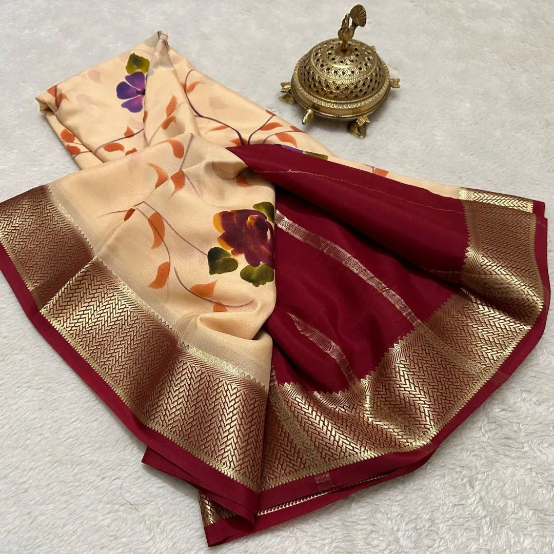 Pure Beige Printed Mysore Soft Silk Saree With Blouse