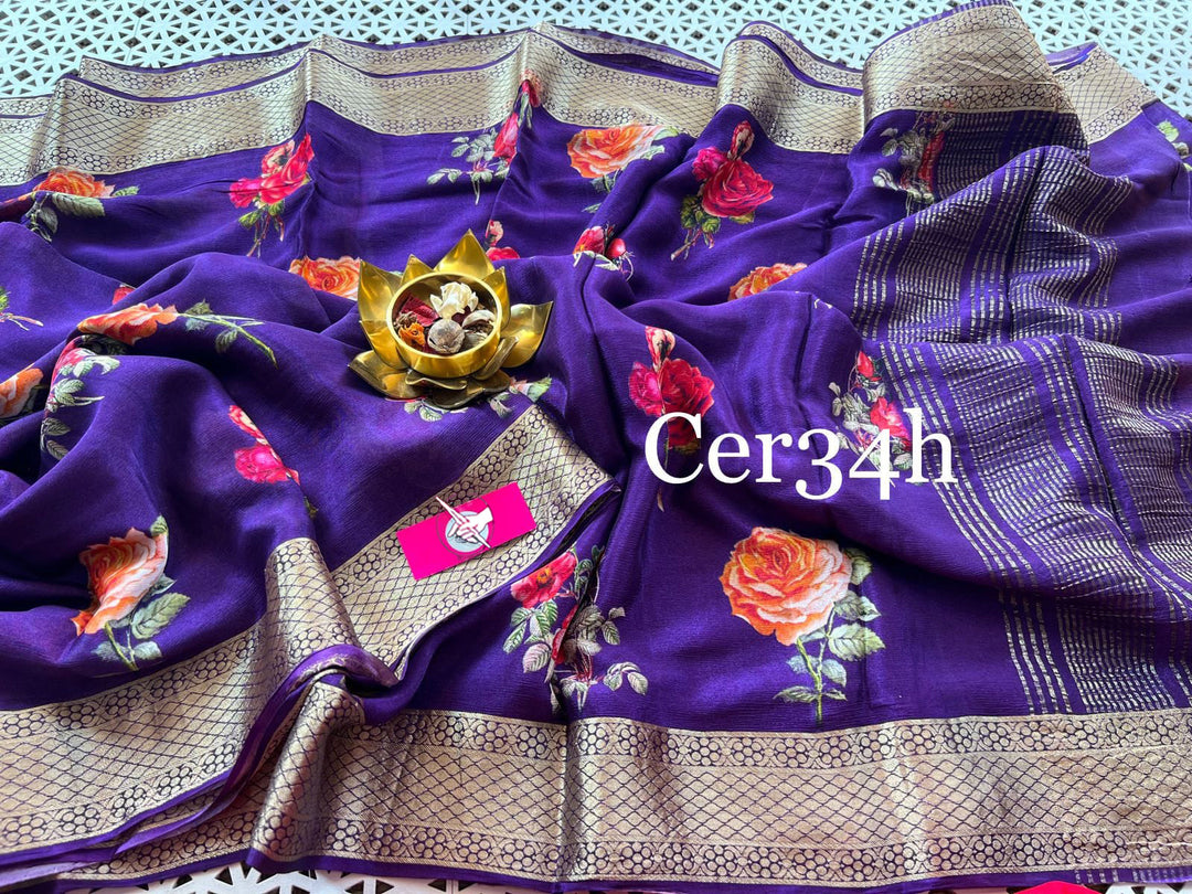 Digital Printed Soft Silk Saree Blue Ethnic Saree With Classic Zari Borde