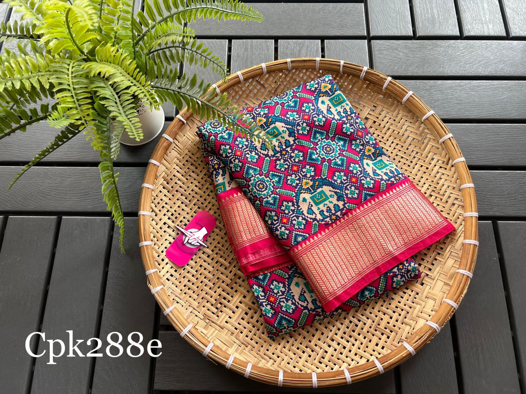 Tusser soft silk sarees with allover patola digital printed with zari border