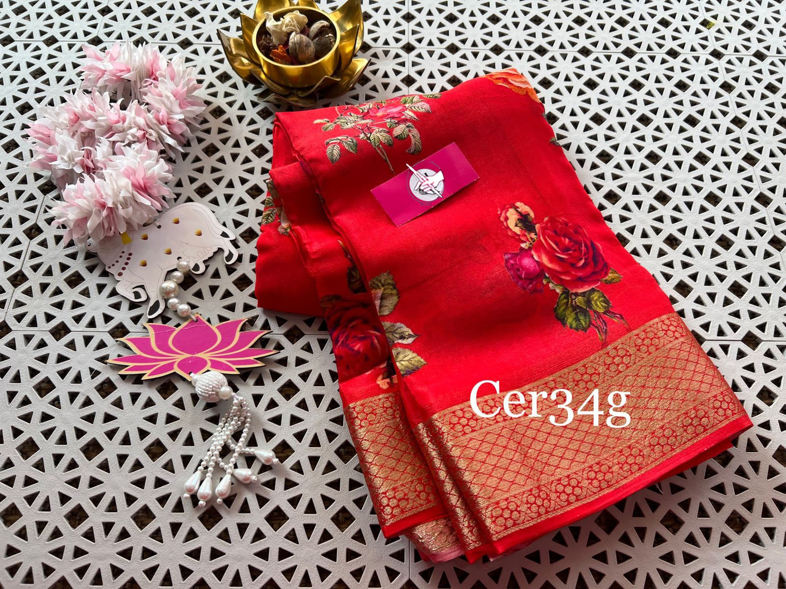 Premium Red Soft Silk Saree Digital Prints With Elegant Zari Border