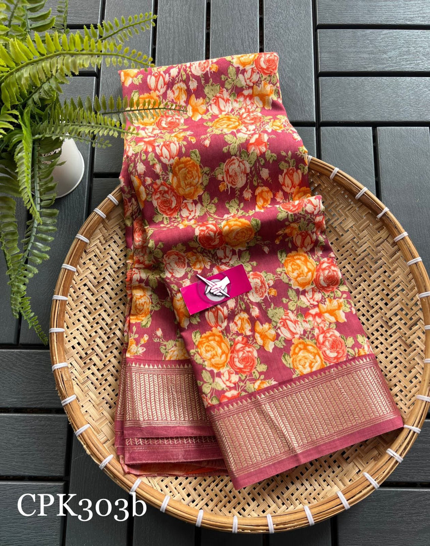 Tusser soft silk sarees with allover floral digital printed with zari border