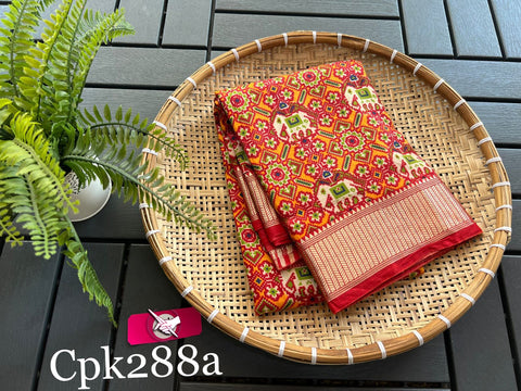 Tusser soft silk sarees with allover patola digital printed with zari border