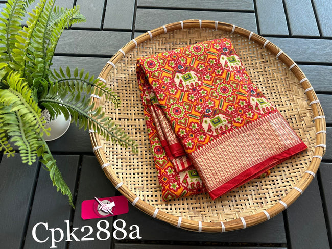 Tusser soft silk sarees with allover patola digital printed with zari border