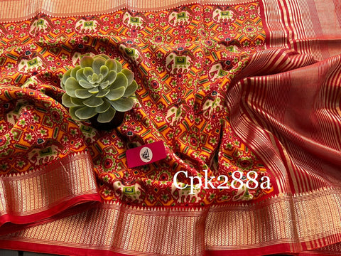 Tusser soft silk sarees with allover patola digital printed with zari border