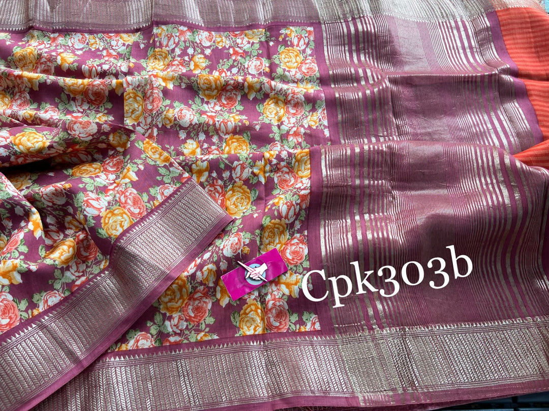 Tusser soft silk sarees with allover floral digital printed with zari border