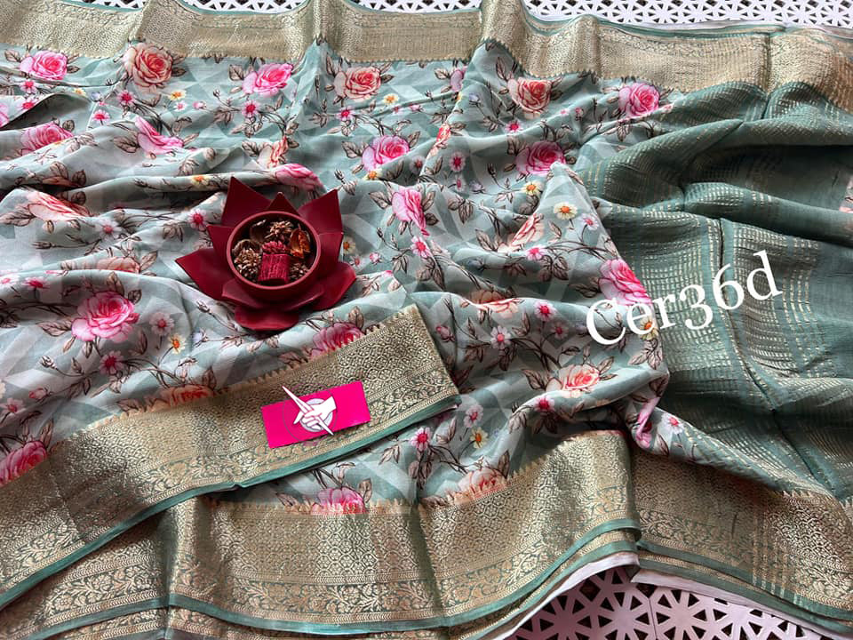 Grey Casual Soft Silk Saree Crepe Georgette Fabric With Digital Print & Blouse