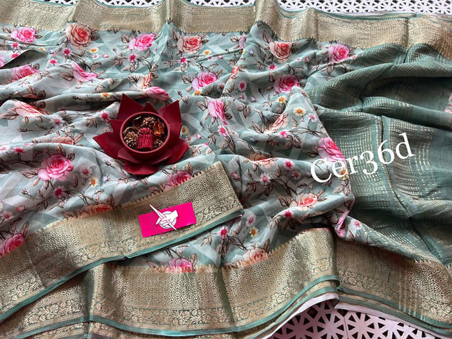 Grey Casual Soft Silk Saree Crepe Georgette Fabric With Digital Print & Blouse