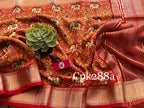 Sleek Orange Tussar Silk Saree With Art Print And Subtle Zari Border