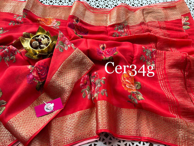 Premium Red Soft Silk Saree Digital Prints With Elegant Zari Border