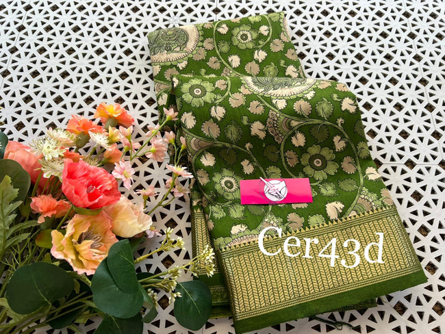 Rich Green Tussar Silk Saree Digital Floral Print With Traditional Zari Edging