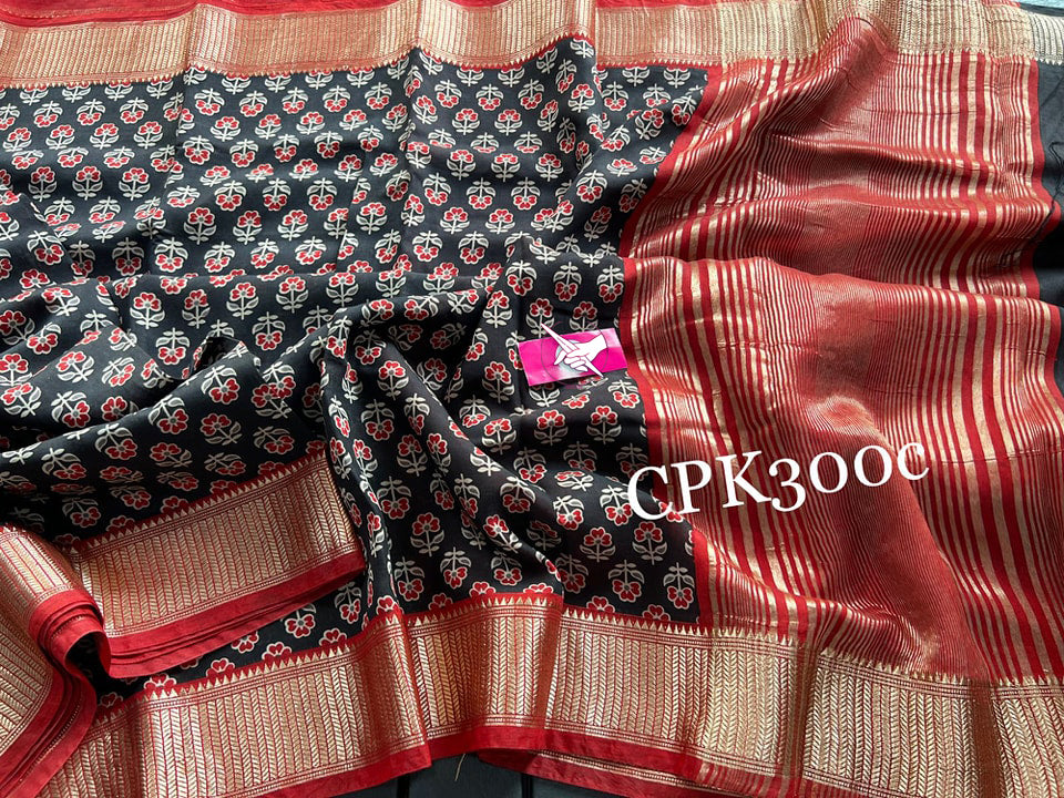 Tusser soft silk sarees with allover digital printed with zari border