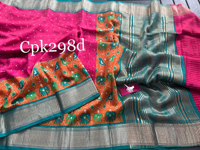Elegant Weave Rani And Orange Tussar Saree Soft Silk With Zari Border And Printed Art