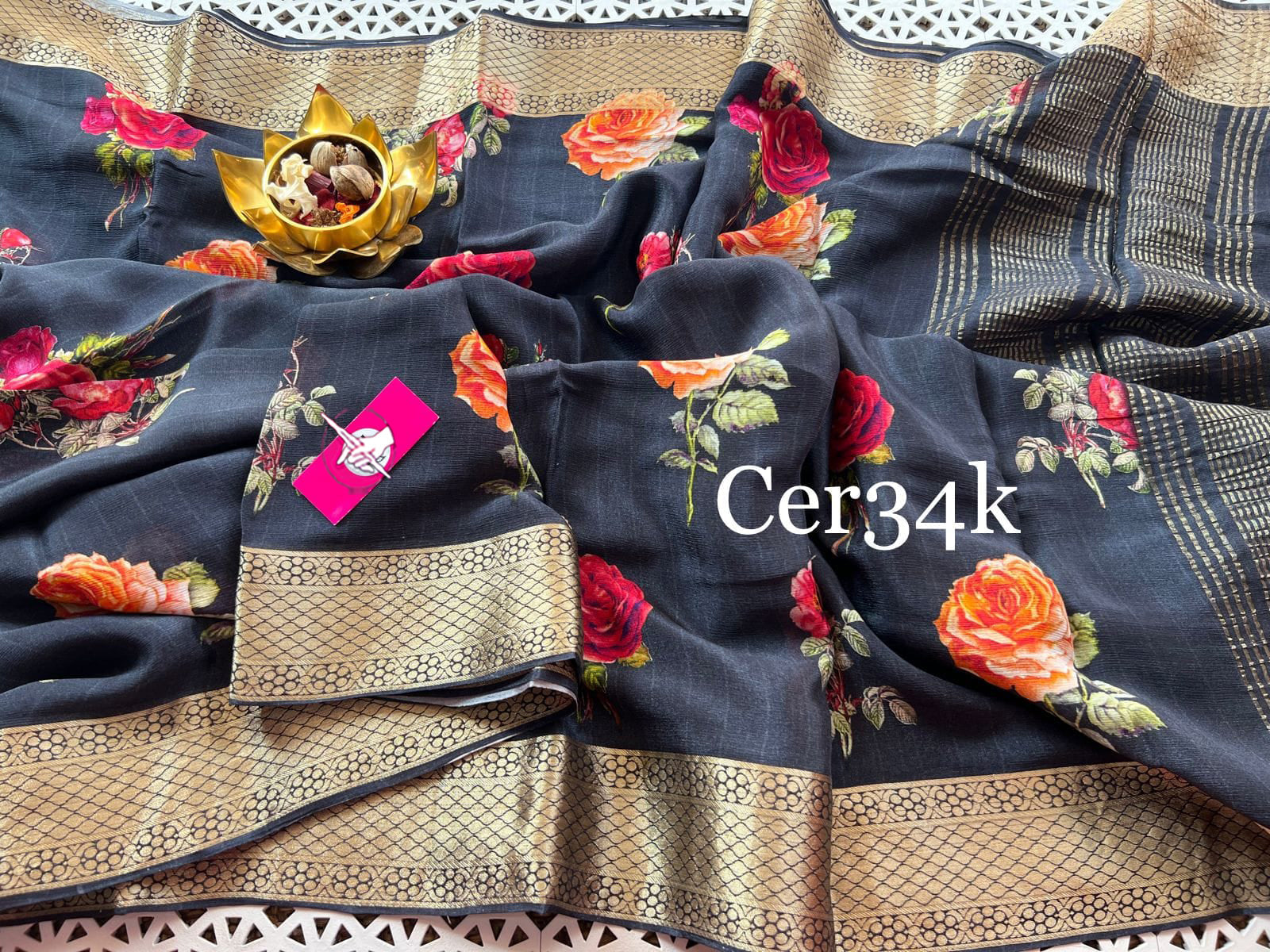 Zari Border Saree In Grey Soft Silk Fabric With Digital Print Finish